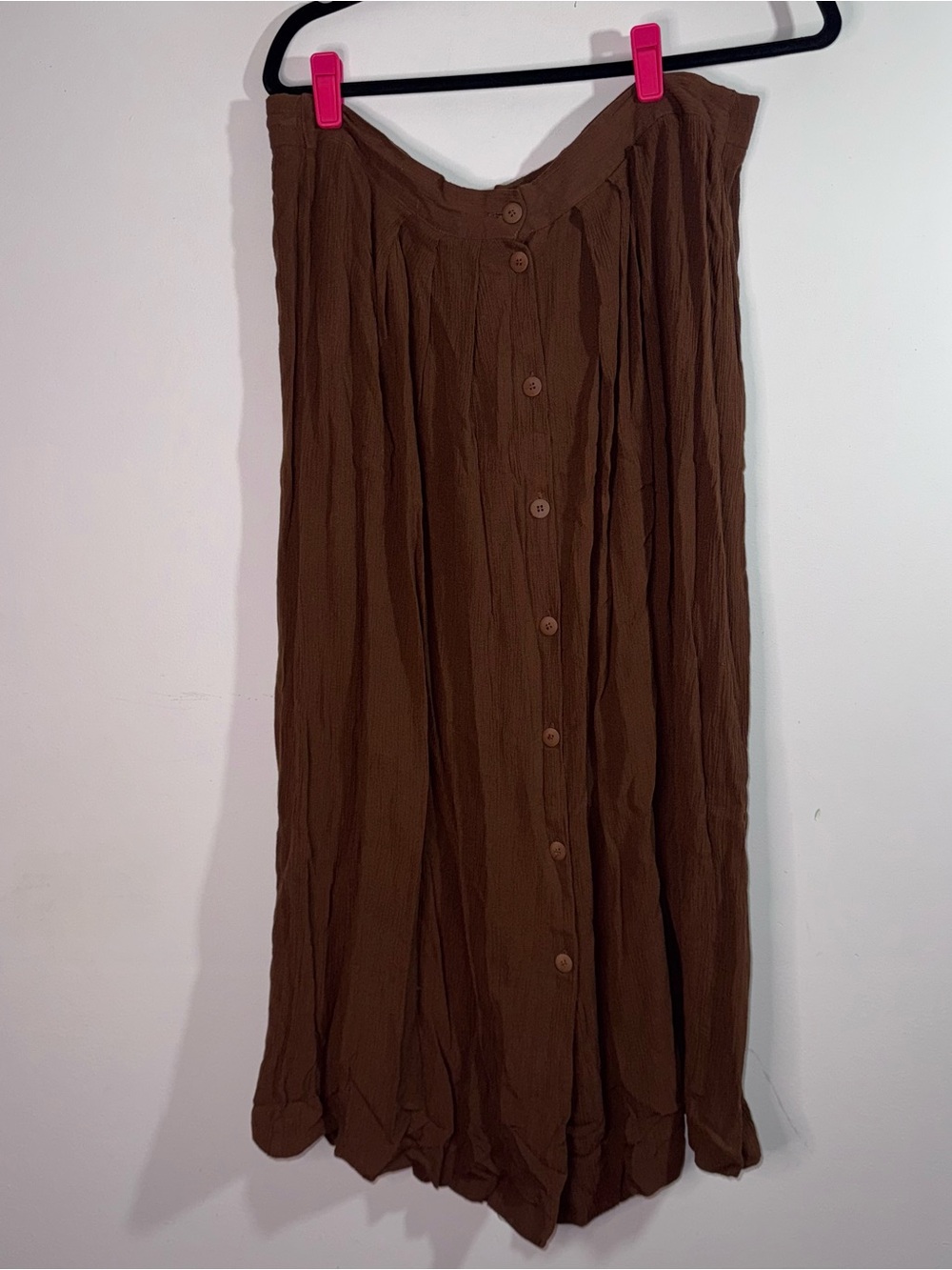 Express Brown Crinkle Rayon Button Front Midi Skirt Size L Boho Earthy